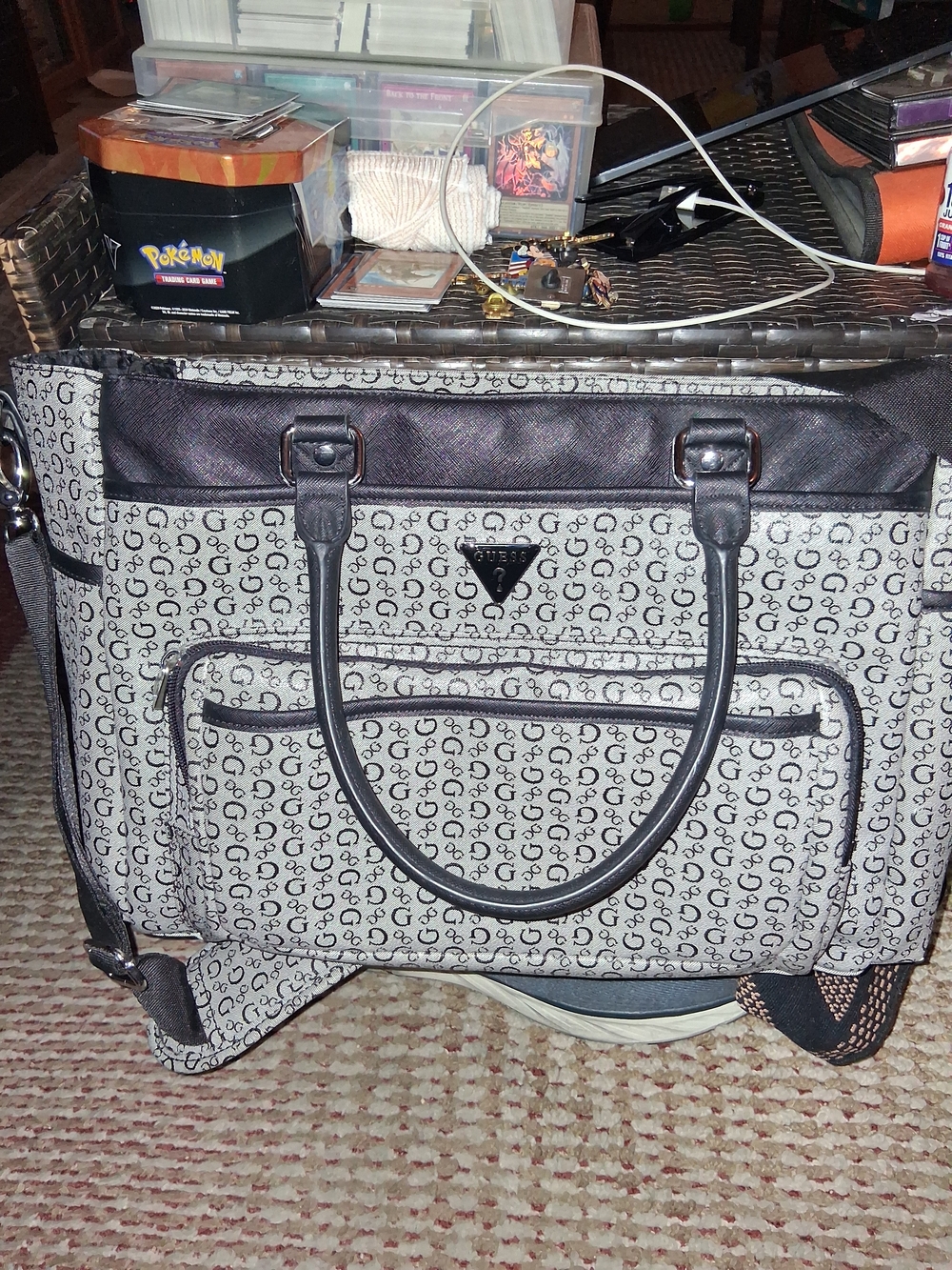GUESS Beige/Black Logo Large Satchel Tote Zip Top Double Handles Detach Strap
